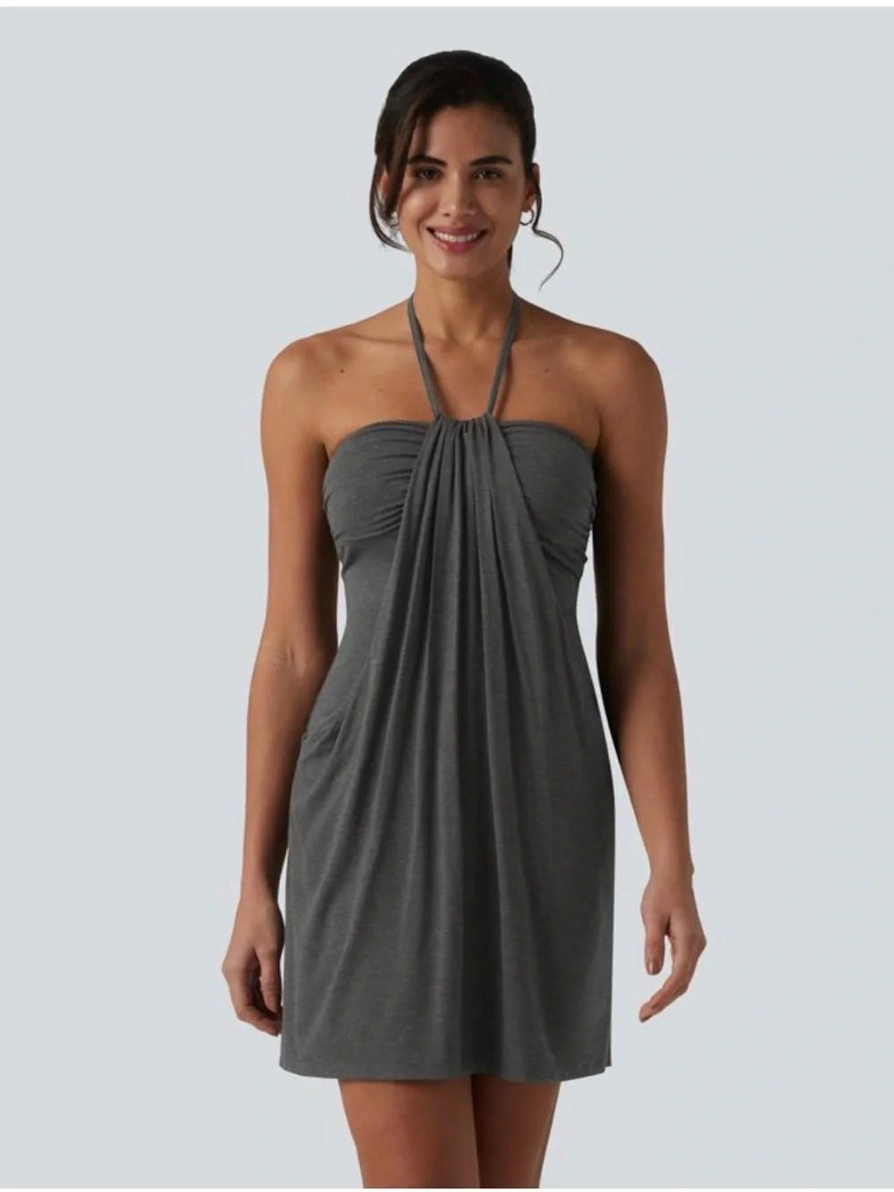 HALARA Halter Tie Back Resort Mini dress with pockets Slate Gray NWT 🩶🌚 - Picture 3 of 5